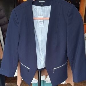 Express Dark Blue Women's Blazer with Silver Zipper Accents
